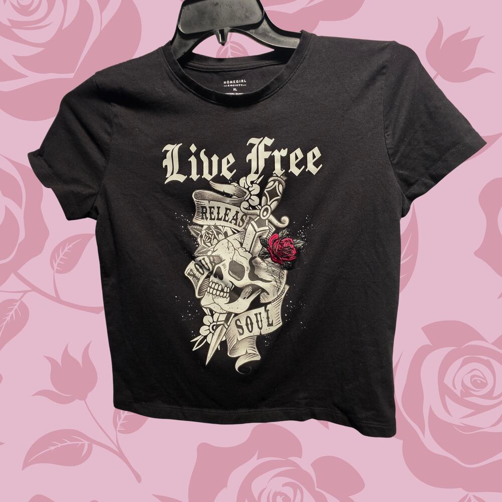 Homegirl Society "Live Free" Skull Crop Graphic Tee